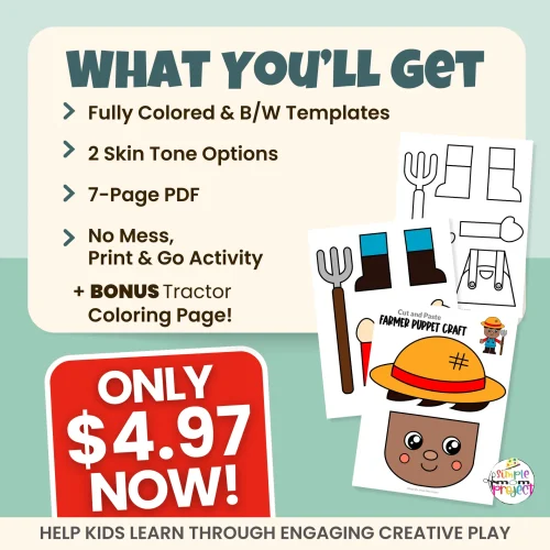 Add this Farmer Paper Bag Puppet to your farm theme or community helper curriculum! A simple, print-and-go craft that strengthens fine motor skills, storytelling, and imaginative play.