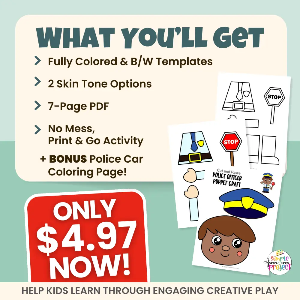 Teach kids about community safety helpers with this printable Police Officer Puppet Craft 👮♀️ Just print, cut, and glue to create a fun paper bag puppet for dramatic play and social-emotional learning. Classroom-friendly and easy to prep!