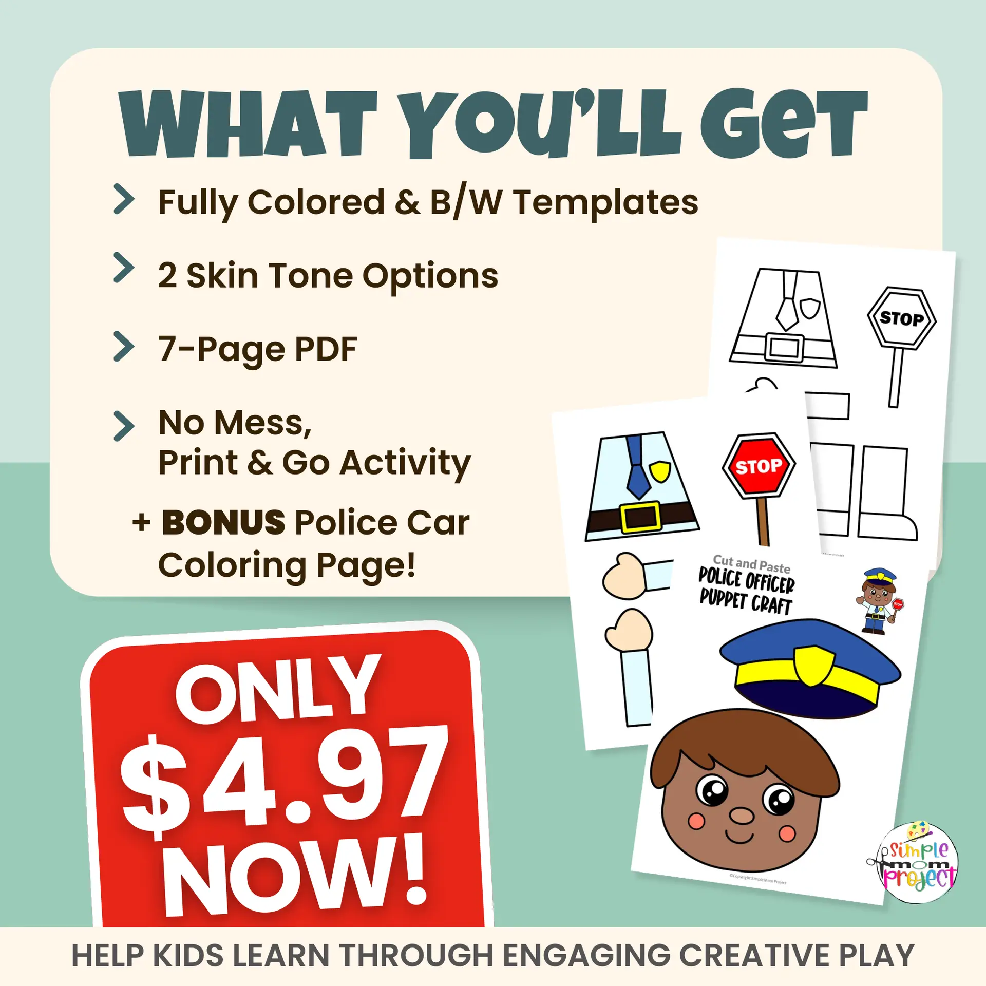 Teach kids about community safety helpers with this printable Police Officer Puppet Craft 👮♀️ Just print, cut, and glue to create a fun paper bag puppet for dramatic play and social-emotional learning. Classroom-friendly and easy to prep!