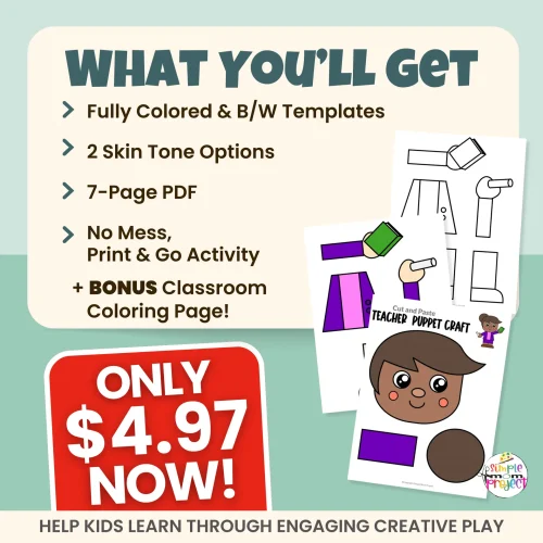 This printable Teacher Puppet Craft is a fun way to teach kids about classroom helpers. Just print, cut, and glue to create a cute paper bag puppet for storytelling and pretend play. Perfect for preschool, kindergarten, homeschool, and classroom activities.