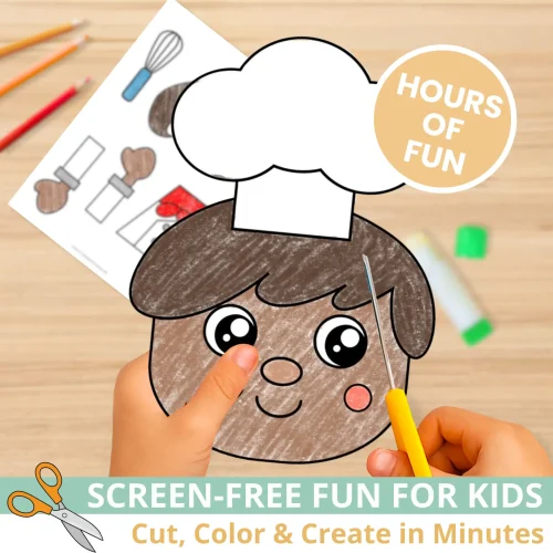 This printable Chef Puppet Template makes the perfect hands-on activity for little learners. Use it for community helper units, kitchen lessons, or dramatic play. Teachers love how quick and easy this paper bag puppet craft is!