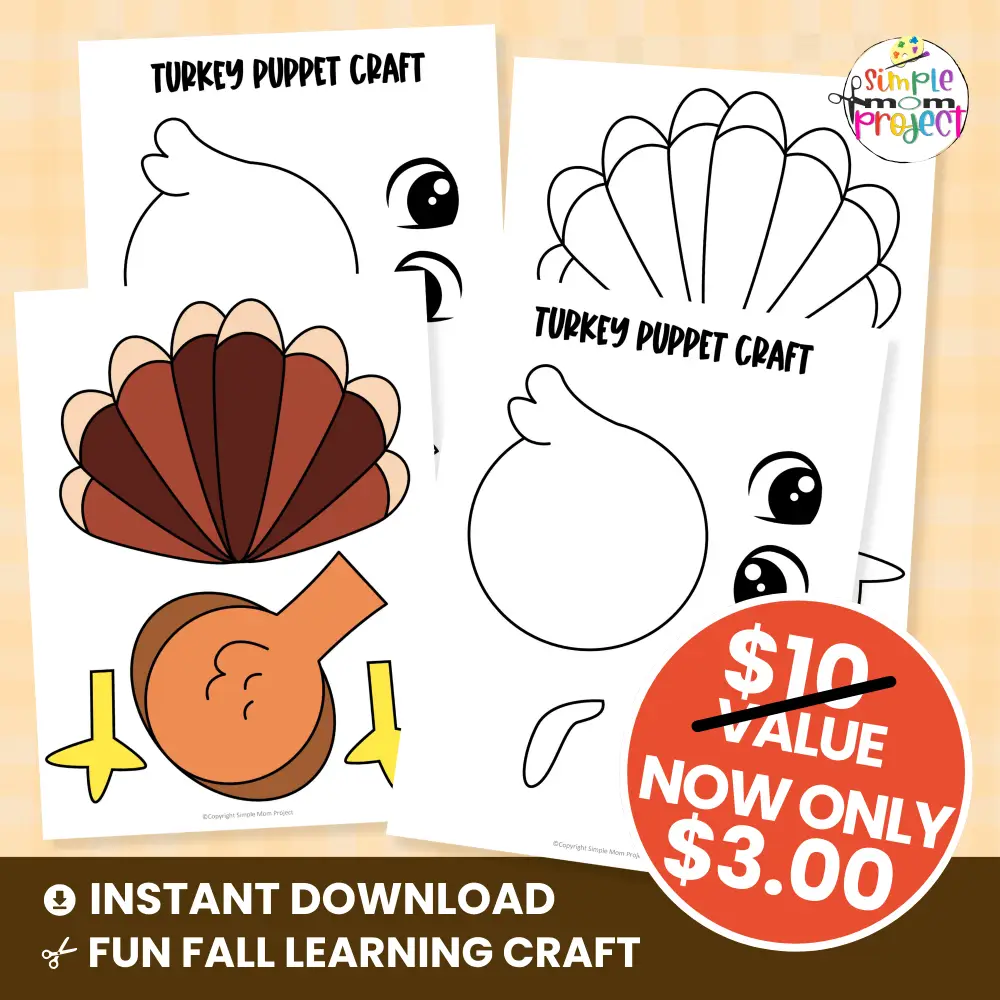 Looking for a low-prep craft idea? Try this printable turkey puppet! Perfect for preschool and kindergarten kids to build fine-motor skills while having creative fun. 🌟 #PreschoolCrafts #CutAndPasteCraft #PrintableActivities