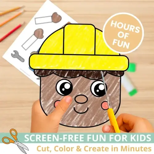 Kids will love making their own Construction Worker Puppet during community helper week! This printable craft includes diverse skin tones and a coloring version—perfect for preschool and kindergarten.