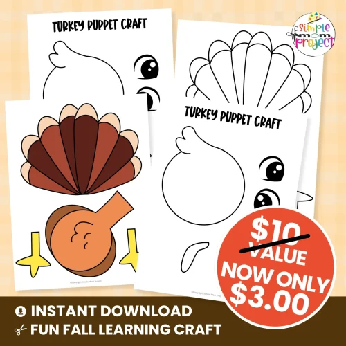 Looking for a low-prep craft idea? Try this printable turkey puppet! Perfect for preschool and kindergarten kids to build fine-motor skills while having creative fun. 🌟 #PreschoolCrafts #CutAndPasteCraft #PrintableActivities