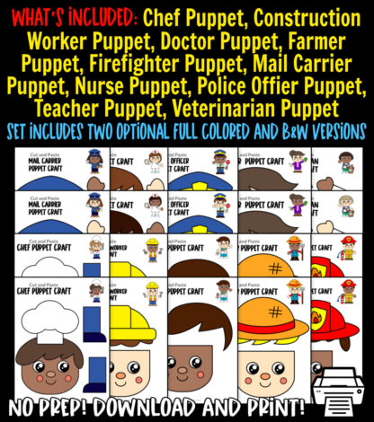 Looking for quick and easy puppet crafts for your kids? This printable community helper paper bag puppet craft bundle is a great craft activity made just for toddlers, preschoolers, kindergarteners and even grown-up kids! Teach your kids the importance of these community workers in our daily lives using these printable community helper craft puppet templates. Include these printable community helper puppet bundle crafts in your next puppet show, so be sure to grab your copy now!