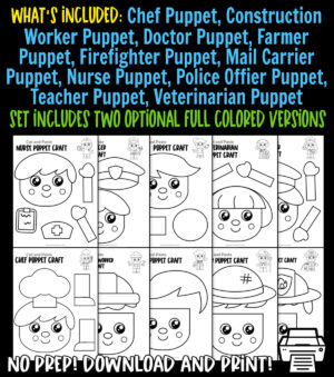 If you’re looking for blank printable community helper puppet crafts for your kids, then you’ve come to the right place. These black and white printable community helper paper bag puppet crafts are the ideal activities to keep your toddler, preschool and kindergarten kids busy for hours while improving their fine motor skills. Using a few supplies and our black and white printable templates, you’ll be able to create fun puppet crafts to use in your puppet show. Click now to get your blank printable community helper puppet templates!