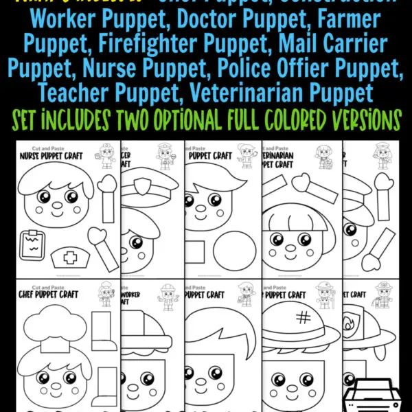 If you’re looking for blank printable community helper puppet crafts for your kids, then you’ve come to the right place. These black and white printable community helper paper bag puppet crafts are the ideal activities to keep your toddler, preschool and kindergarten kids busy for hours while improving their fine motor skills. Using a few supplies and our black and white printable templates, you’ll be able to create fun puppet crafts to use in your puppet show. Click now to get your blank printable community helper puppet templates!