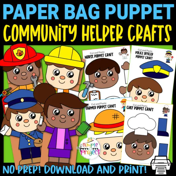 Are you looking for full colored puppet crafts for your preschoolers or kindergarteners? These easy, full colored community helper paper bag puppet crafts are the ideal activities to do at home or in the classroom. Assemble the cut-out colored community helper patterns and glue it on a brown paper bag. These colored community helper puppets make the perfect character for your next puppet show, so be sure to print your copy now!