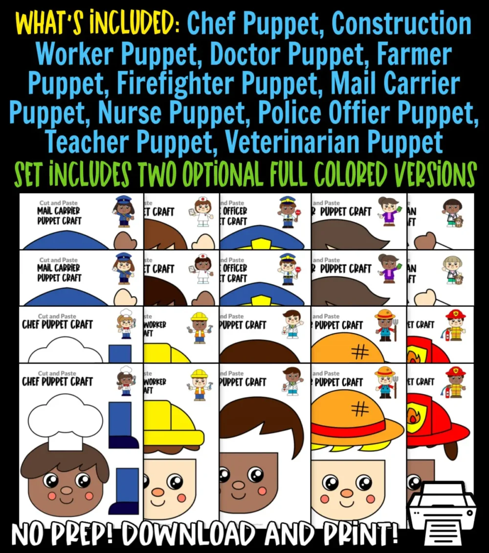 Are you looking for full colored puppet crafts for your preschoolers or kindergarteners? These easy, full colored community helper paper bag puppet crafts are the ideal activities to do at home or in the classroom. Assemble the cut-out colored community helper patterns and glue it on a brown paper bag. These colored community helper puppets make the perfect character for your next puppet show, so be sure to print your copy now!