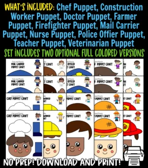 Are you looking for full colored puppet crafts for your preschoolers or kindergarteners? These easy, full colored community helper paper bag puppet crafts are the ideal activities to do at home or in the classroom. Assemble the cut-out colored community helper patterns and glue it on a brown paper bag. These colored community helper puppets make the perfect character for your next puppet show, so be sure to print your copy now!