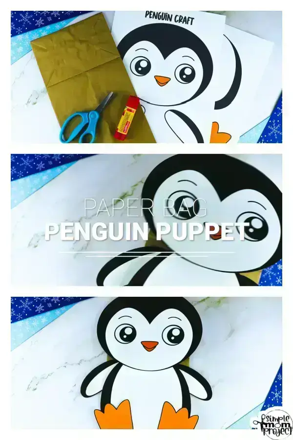 Printable Penguin Paper Bag Puppet Craft for Kids, Preschoolers, Toddlers, kindergarten elementary penguin crafts winter crafts 11