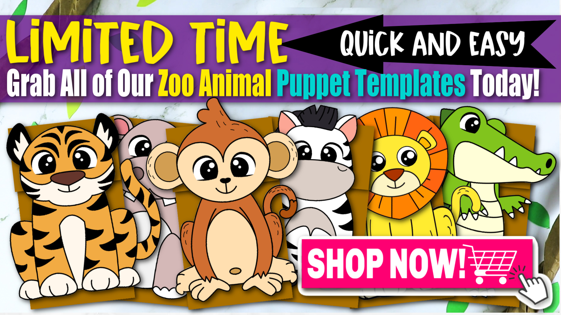 Printable Zoo Animal Paper Bag Puppets for Kids preschooler kindergarten elementary zoo animal template puppets 1