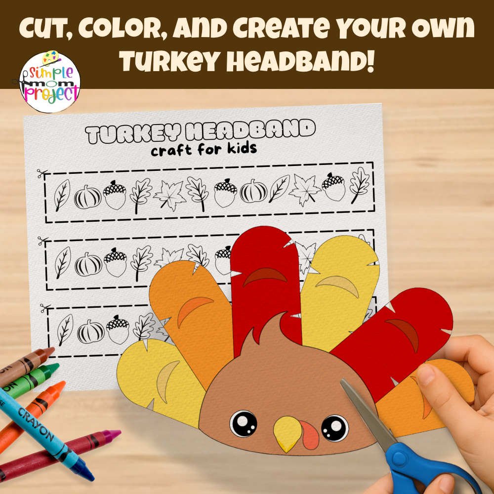 Fun and simple cut-and-paste craft for kids! Create a colorful turkey headband using this easy printable template. 🍁