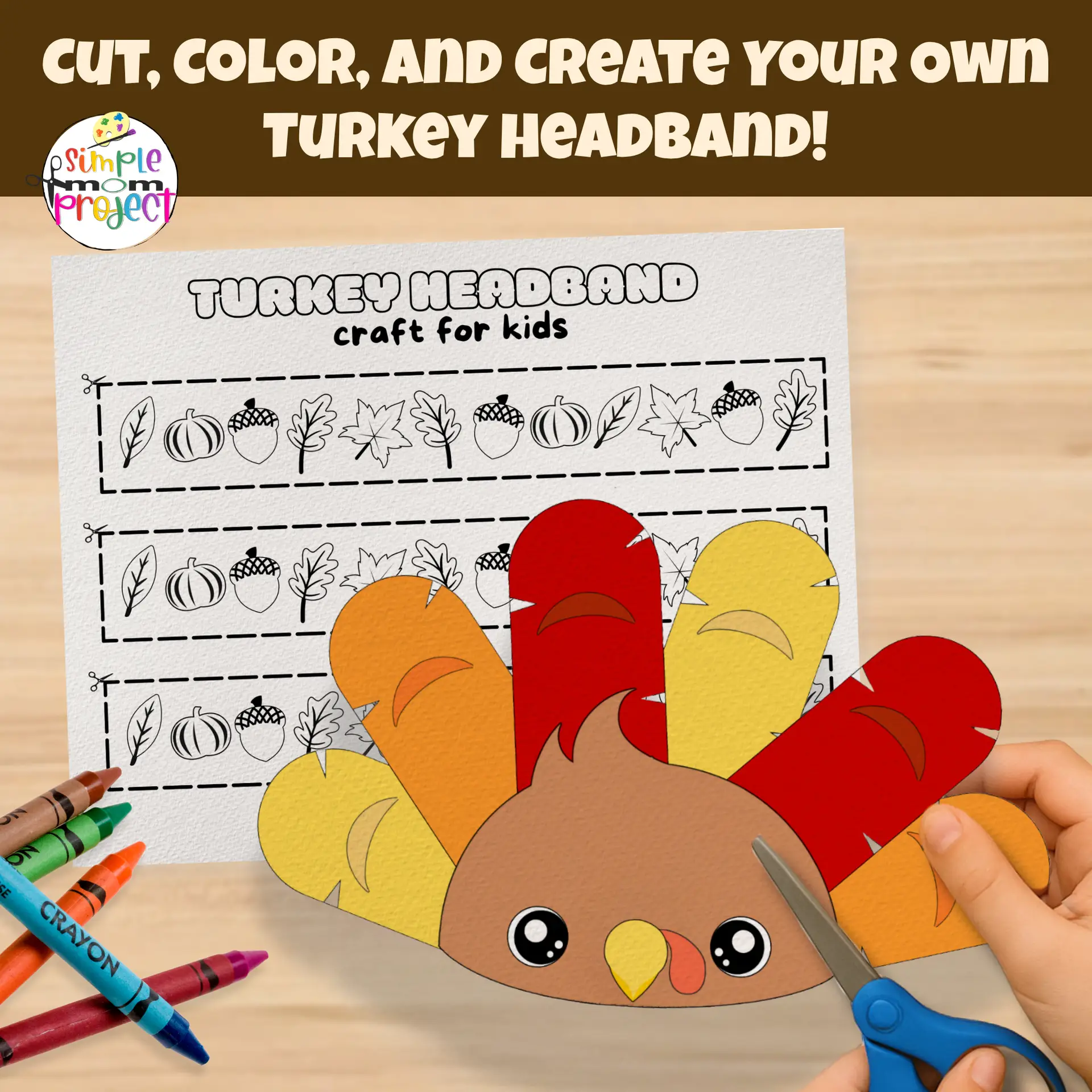 Fun and simple cut-and-paste craft for kids! Create a colorful turkey headband using this easy printable template. 🍁