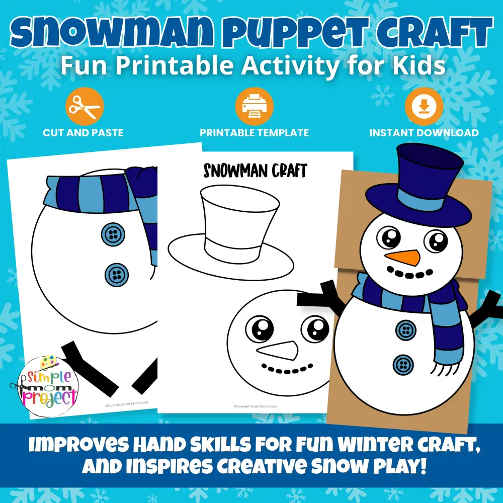 Create this cute Snowman Paper Bag Puppet with full color + B&W pages! Perfect winter craft for preschool, kindergarten, or homeschool.