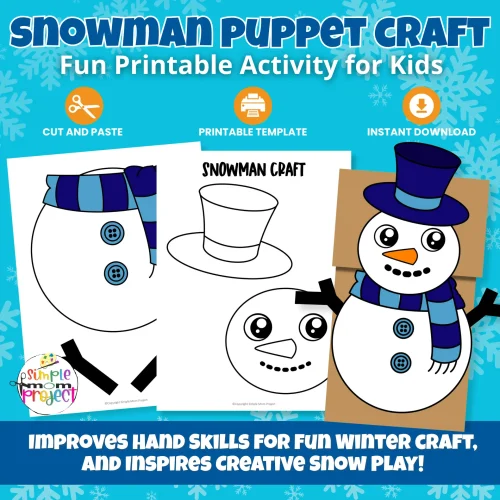Create this cute Snowman Paper Bag Puppet with full color + B&W pages! Perfect winter craft for preschool, kindergarten, or homeschool.