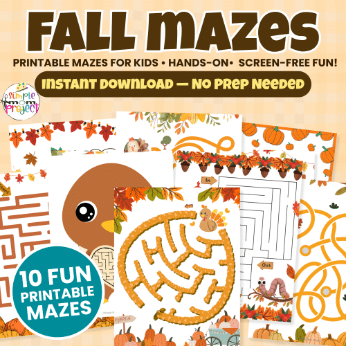 These easy fall mazes make the perfect screen-free activity! Great for preschool, kindergarten, and homeschool families who love printable fun. 🍁✨ #PrintableMazes #PreschoolPrintables #FallFunForKids