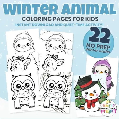 🐧 Kids will love coloring these cute winter animal pages! A set of 22 printables with scenes and simple versions for all ages.
