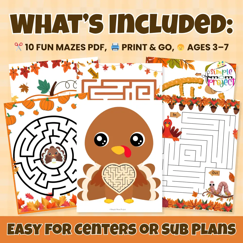 Keep your preschoolers busy and learning with this set of 10 printable mazes! A fun fall activity that builds focus and confidence. 🧠🌀 #PrintableForKids #FallWorksheets #HomeschoolFun