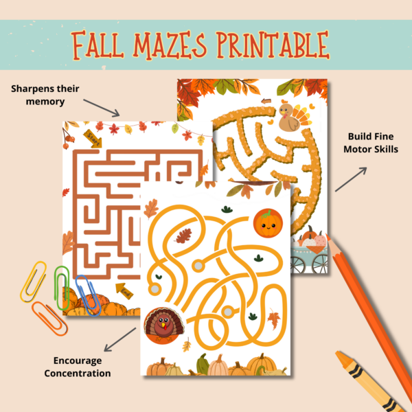 Get ready to dive into these fall mazes as autumn creeps closer! Get your little ones flexing those problem-solving muscles and fine-tuning their motor skills by guiding our turkey through tricky pumpkin patch mazes! Whether you're a mini explorer or a seasoned maze master, get set for a thrilling adventure as you navigate these autumn puzzlers.