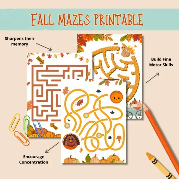 Get ready to dive into these fall mazes as autumn creeps closer! Get your little ones flexing those problem-solving muscles and fine-tuning their motor skills by guiding our turkey through tricky pumpkin patch mazes! Whether you're a mini explorer or a seasoned maze master, get set for a thrilling adventure as you navigate these autumn puzzlers.