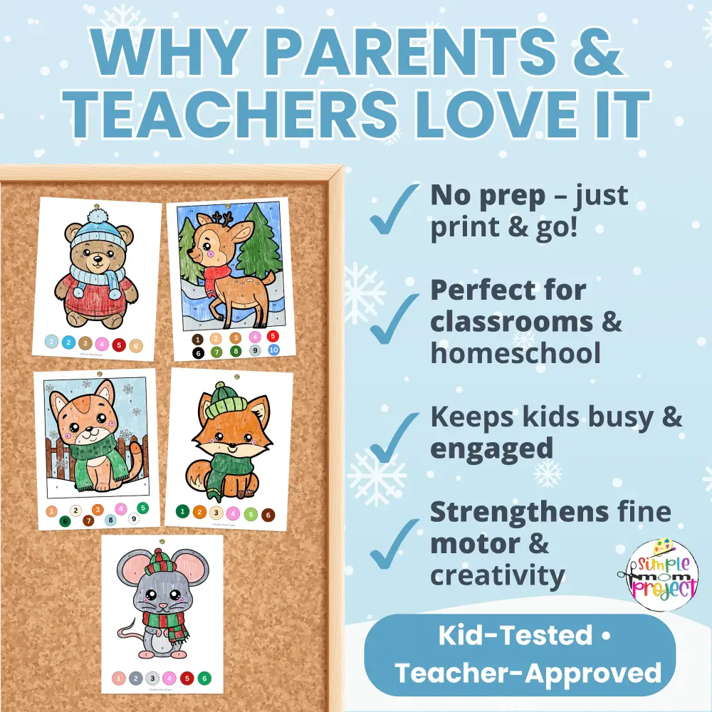 🐻 These winter animals color by number pages are perfect for quiet time, fine motor practice, and winter unit studies.