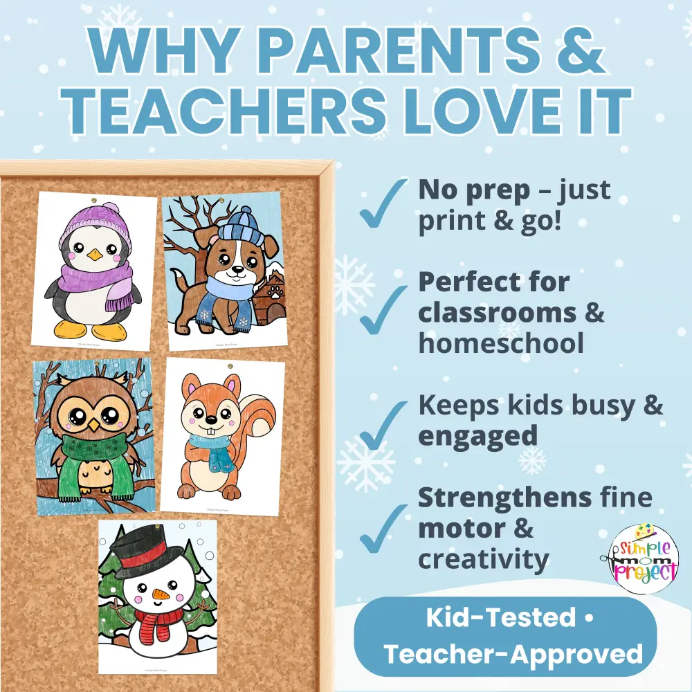 🐻 These adorable winter animal printables come with scenery and without, giving kids two levels of coloring fun. Ideal for classrooms & at-home coloring!