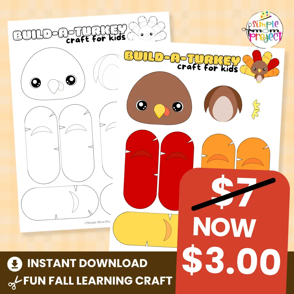 Teachers and parents love this build-a-turkey activity because it’s fun, simple, and educational. Use it in your fall art centers or home learning lessons. 🍁