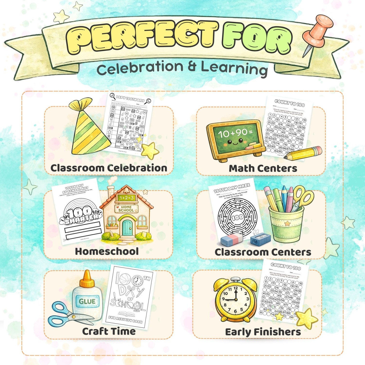 14 engaging printables for the 100th Day—counting, writing, movement, and crafts. Great for classrooms, centers, and homeschool!
