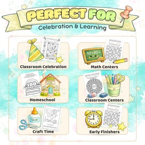 14 engaging printables for the 100th Day—counting, writing, movement, and crafts. Great for classrooms, centers, and homeschool!