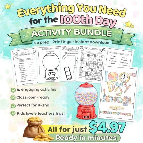 Celebrate with no prep! This bundle includes hats, glasses, gumballs, games, and worksheets for a fun-filled 100th Day of School.