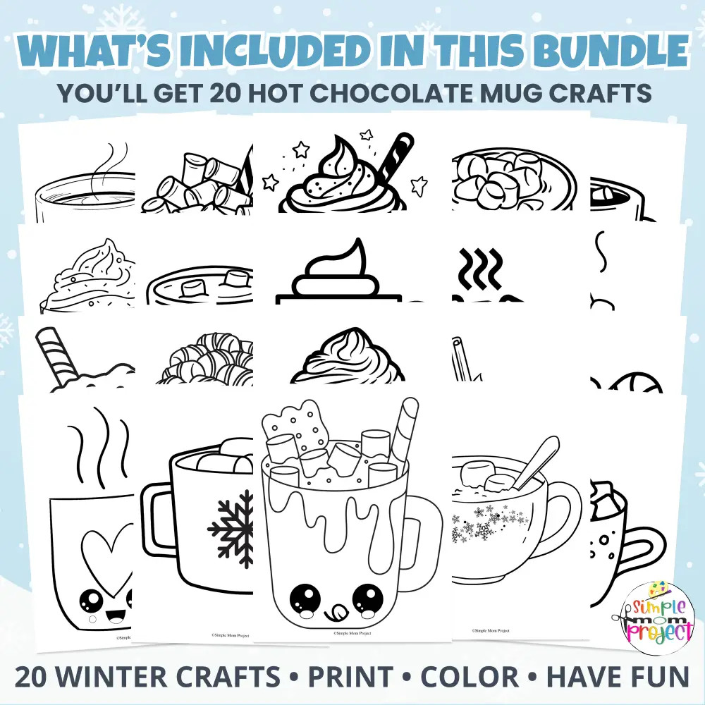 🖍️ A cozy winter coloring activity! Download 20 hot chocolate mug pages — great for early finishers, art centers, and quiet time.