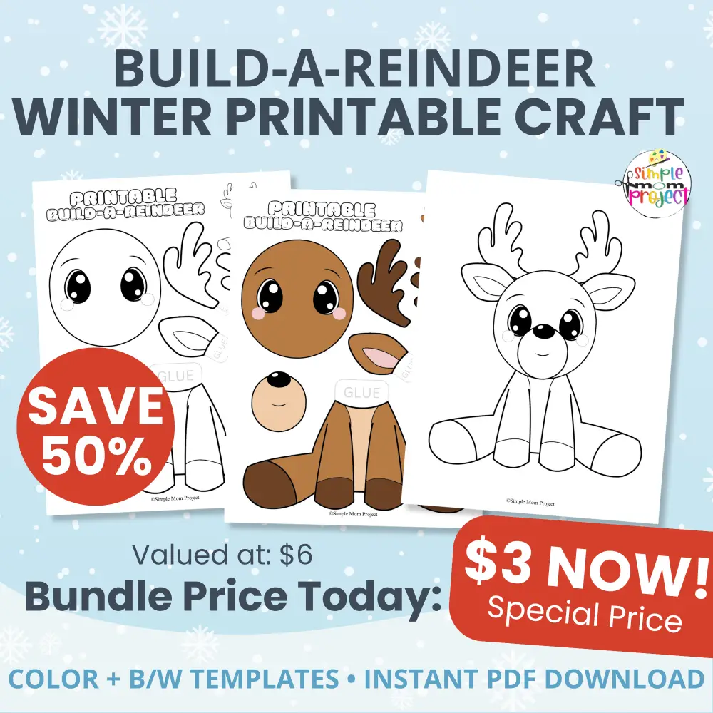 Easy Printable Reindeer Craft for winter! Great for preschool, kindergarten, homeschool, and classroom art centers. Just print, cut, glue, and build!