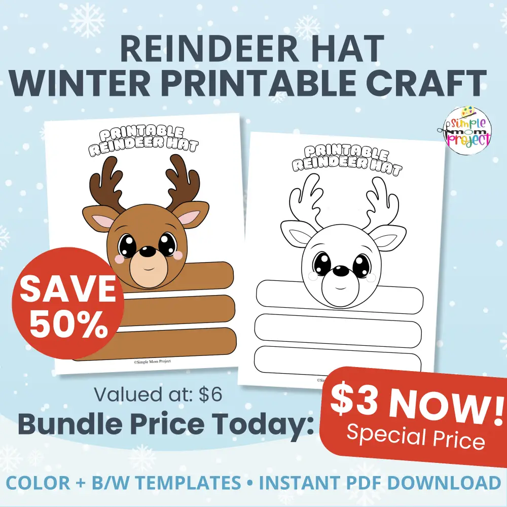 ✂️ Try this easy Cut & Paste Reindeer Hat Template! Includes color and B&W versions for fun, low-prep winter crafting in class or at home.