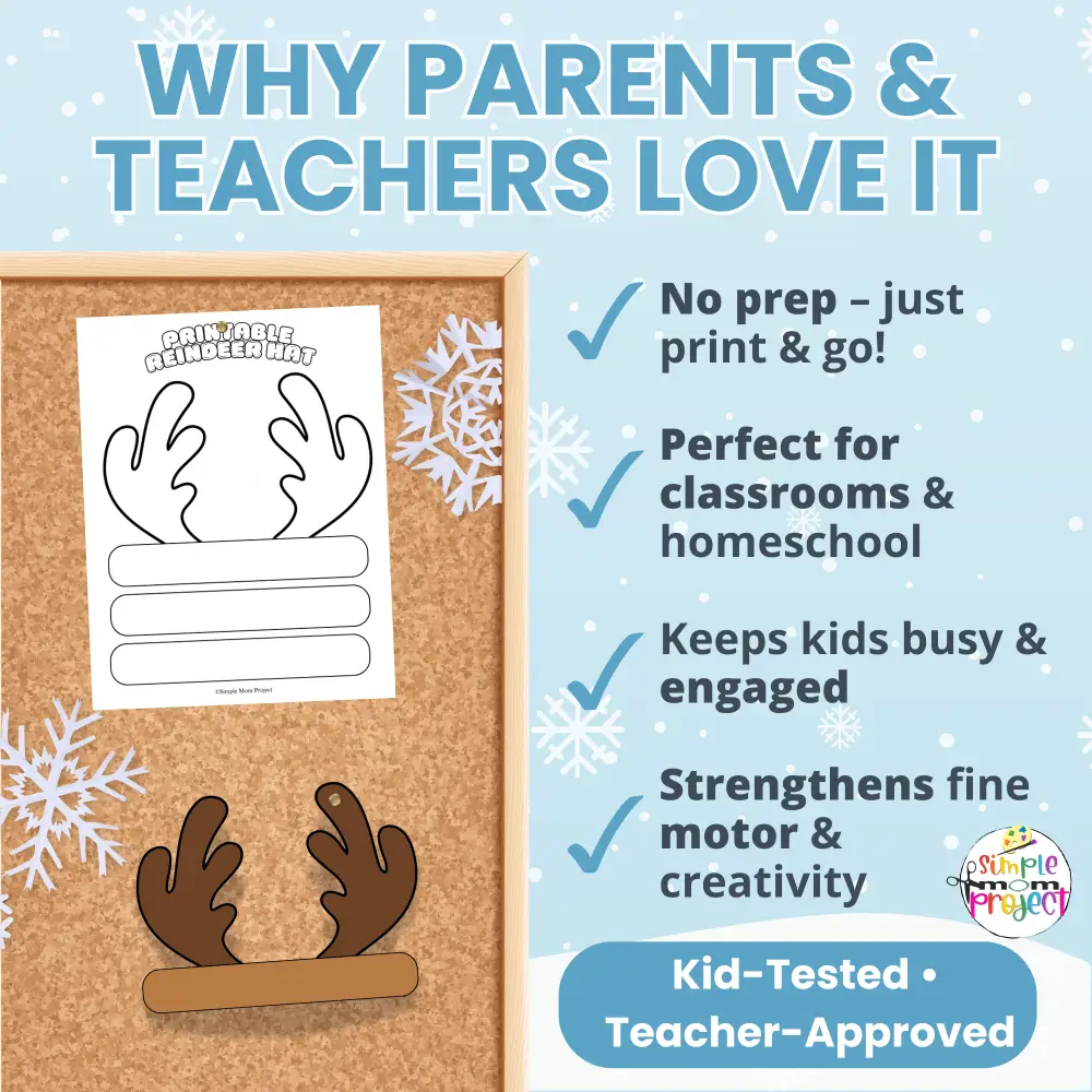 🎨 This Reindeer Headband Printable is ideal for classroom photo ops, morning tubs, and winter pretend play. Includes coloring version too!