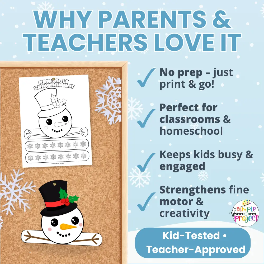 🧤 A fun winter activity kids love! This Snowman Hat Printable includes full color + coloring pages for an engaging seasonal craft.
