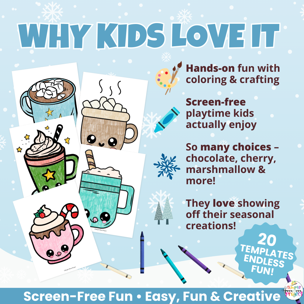✨ Need a cute winter craft? These Hot Cocoa Mug Coloring Pages make a relaxing activity for kids — great for classrooms or homeschool.