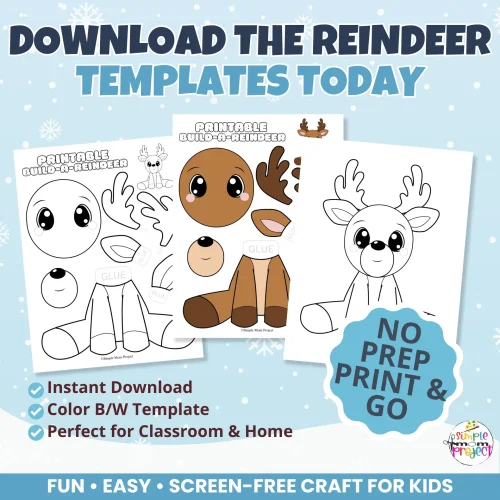 Easy winter activity for preschoolers! Print, cut, color, and glue your own reindeer using this adorable Build-a-Reindeer Printable Set.