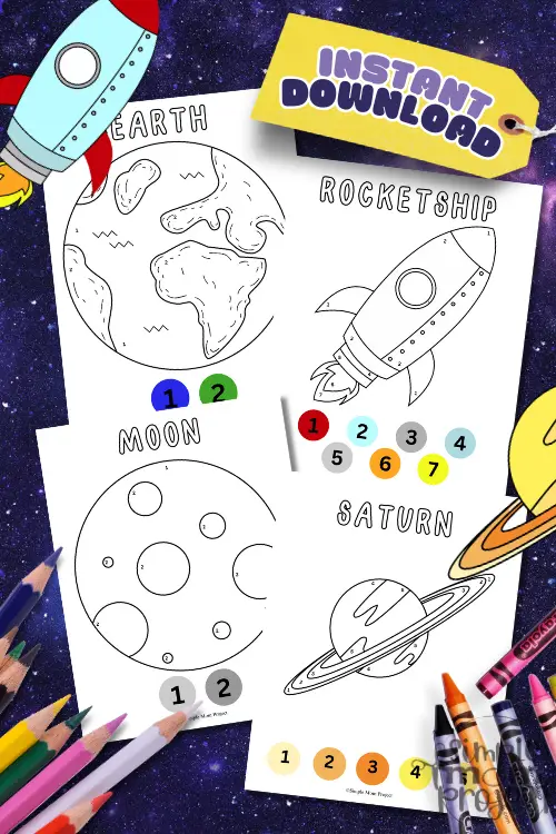 These out-of-this-world space color-by-number printables are a blast for little ones to sharpen those fine motor skills while getting cozy with letter recognition! Planet-themed worksheets are the perfect morning brain tickler or a stellar addition to your solar system lesson plan. Blast off into fun!