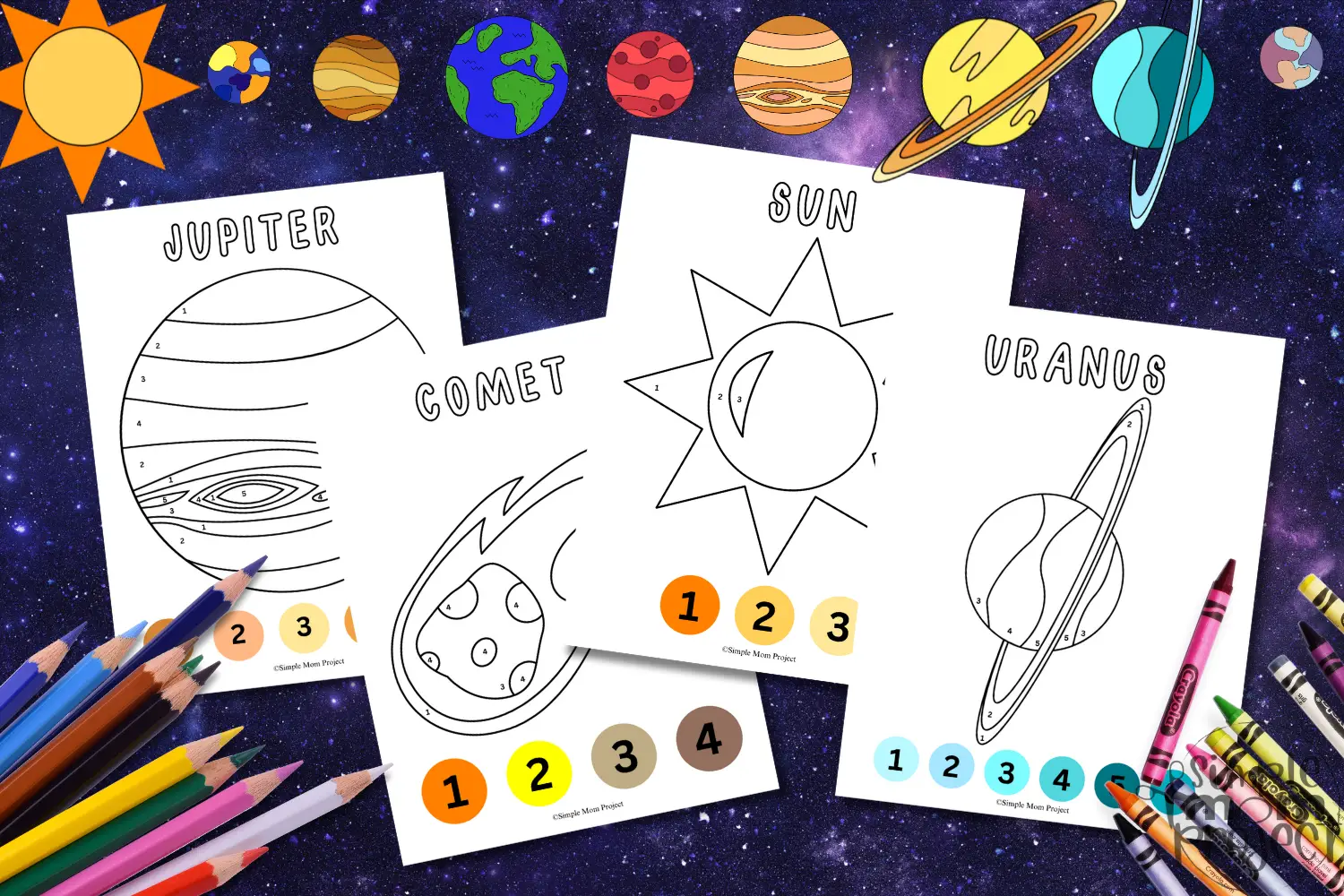 These out-of-this-world space color-by-number printables are a blast for little ones to sharpen those fine motor skills while getting cozy with letter recognition! Planet-themed worksheets are the perfect morning brain tickler or a stellar addition to your solar system lesson plan. Blast off into fun!