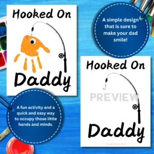 Searching for the perfect gift for Dad that will truly wow him? Introducing the handprint art project, “Hooked on Daddy!” This creative idea is guaranteed to bring a huge smile to his face! Simply print the template, grab some paint, and let those little hands create a unique masterpiece!
