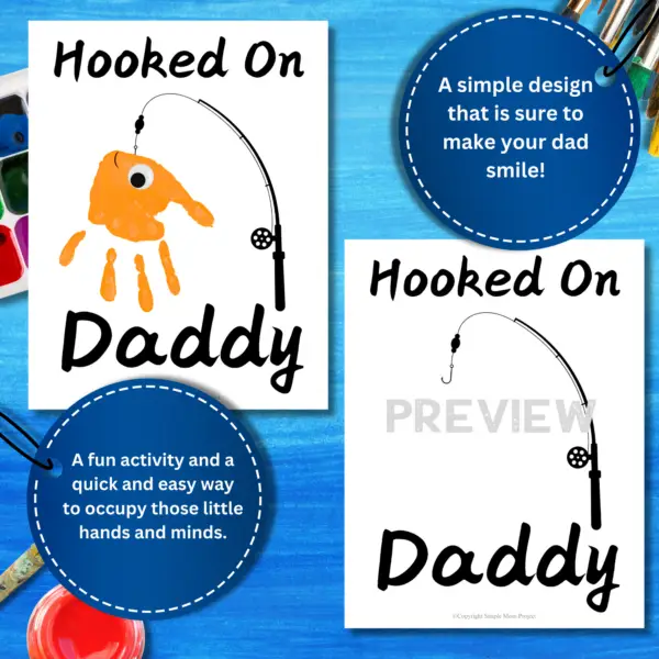 Searching for the perfect gift for Dad that will truly wow him? Introducing the handprint art project, “Hooked on Daddy!” This creative idea is guaranteed to bring a huge smile to his face! Simply print the template, grab some paint, and let those little hands create a unique masterpiece!