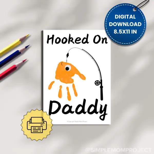 Searching for the perfect gift for Dad that will truly wow him? Introducing the handprint art project, “Hooked on Daddy!” This creative idea is guaranteed to bring a huge smile to his face! Simply print the template, grab some paint, and let those little hands create a unique masterpiece!