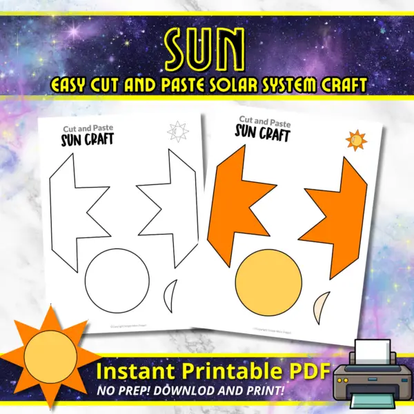 Are you looking for a fun sun craft? This summer sun craft is great for preschool, toddler and kindergarten kids. You can teach many different things like the color yellow, the letter S, or about the weather. This sun craft template is perfect for any sun craft. Print your sun cut and paste craft template today!