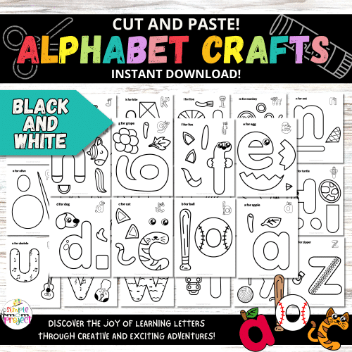 Lowercase Alphabet Crafts – 26 Black & White Cut & Paste Activities for Kids