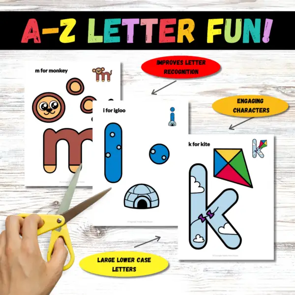 Grab these printable, pre-colored lowercase alphabet crafts from A to Z, designed to engage young learners and spark creativity. Perfect for educational activities, classroom decorations, or home projects, they offer a fun way to explore the alphabet. Simply print, cut, and assemble each letter. These crafts also foster bonding and nurture artistic skills, allowing children to proudly display their creations. Dive into a colorful world of letters and imagination!