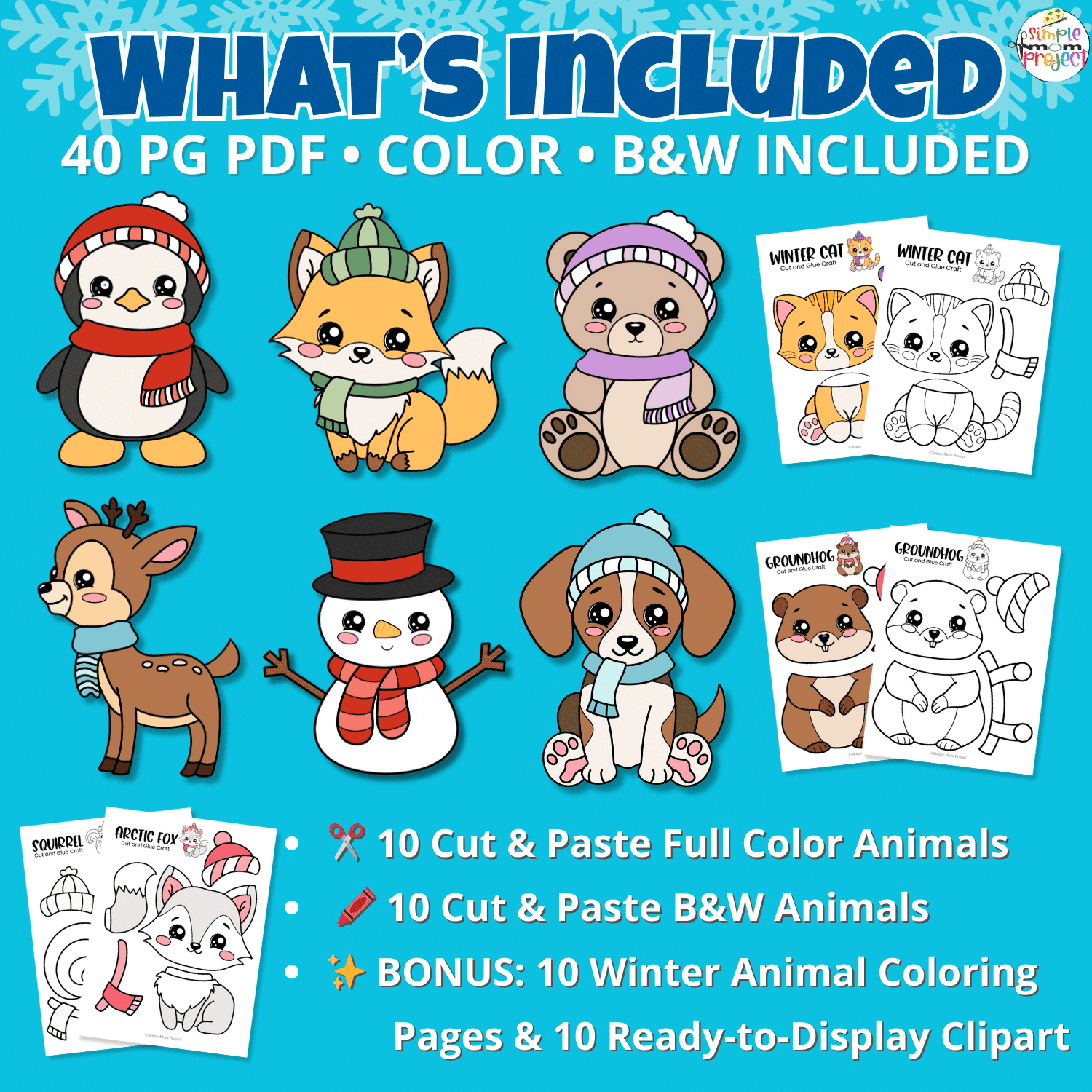 Winter Animals Craft Bundle Includes Coloring Pages, Printable Crafts, and Winter Templates