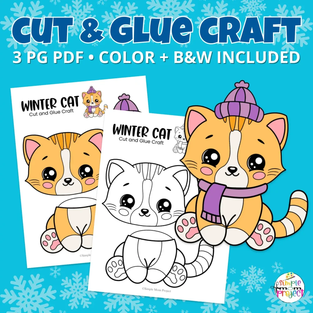 Keep kids busy this winter with a printable Winter Cat Craft! An easy cut and glue activity for preschool and kindergarten students. Perfect for parents, teachers, and homeschool activities.
