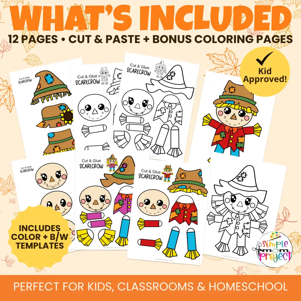 Looking for a no-prep fall activity? This printable scarecrow craft includes both color + black & white templates PLUS bonus coloring pages. Perfect for keeping kids busy, learning, and having fun! 🍁👩‍🏫