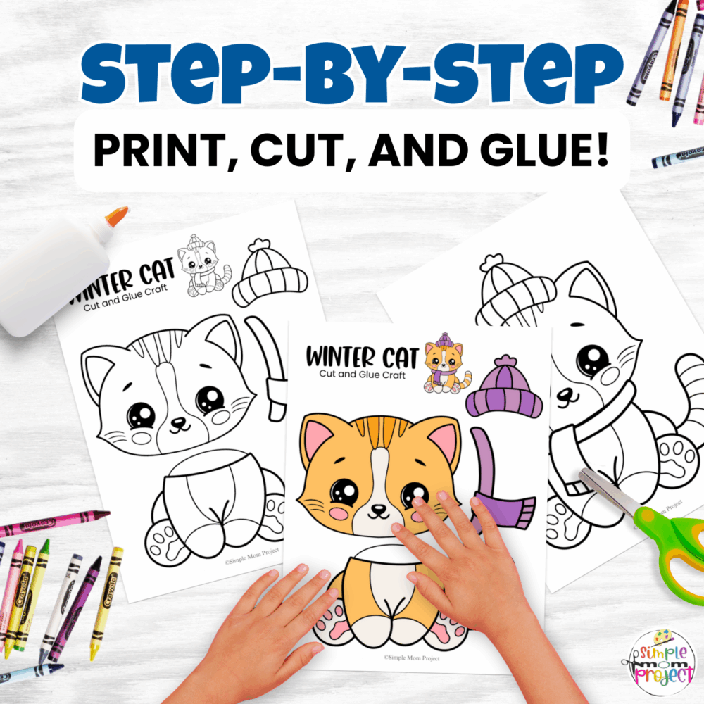 Looking for a fun winter activity? This printable Winter Cat Craft is a simple cut and glue project for kids. Perfect for preschool, kindergarten, classrooms, or homeschool learning fun.
